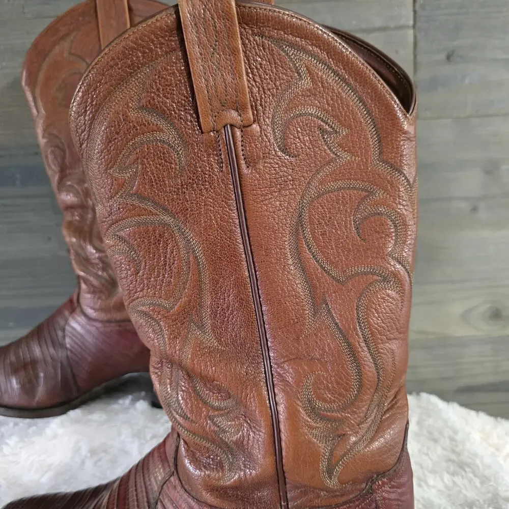 Vintage Tony Lama Brown Stitched Teju Lizard Leather Western Boots MENS SIZE 9